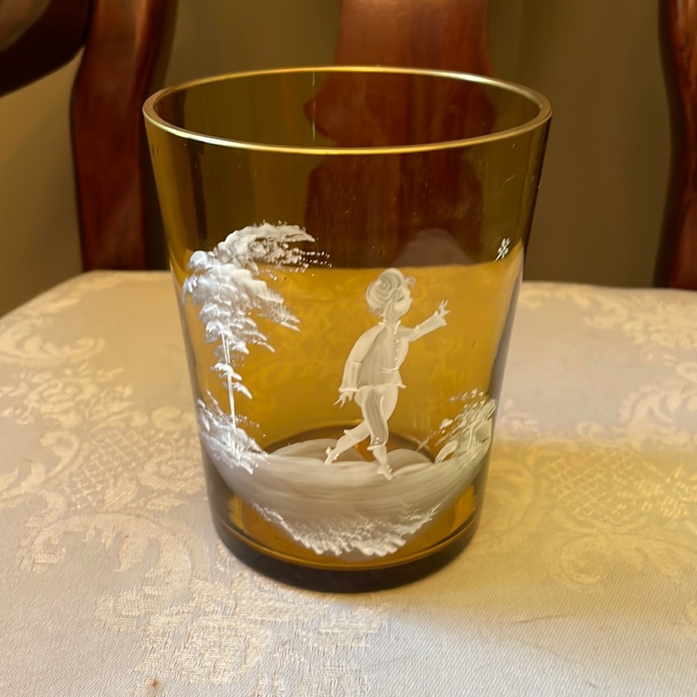Mary Gregory Victorian hand painted, hand blown amber bohemian glass, gold rim